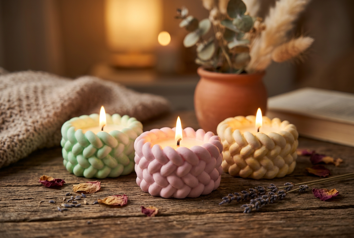 Three braided pillar candles lined up together