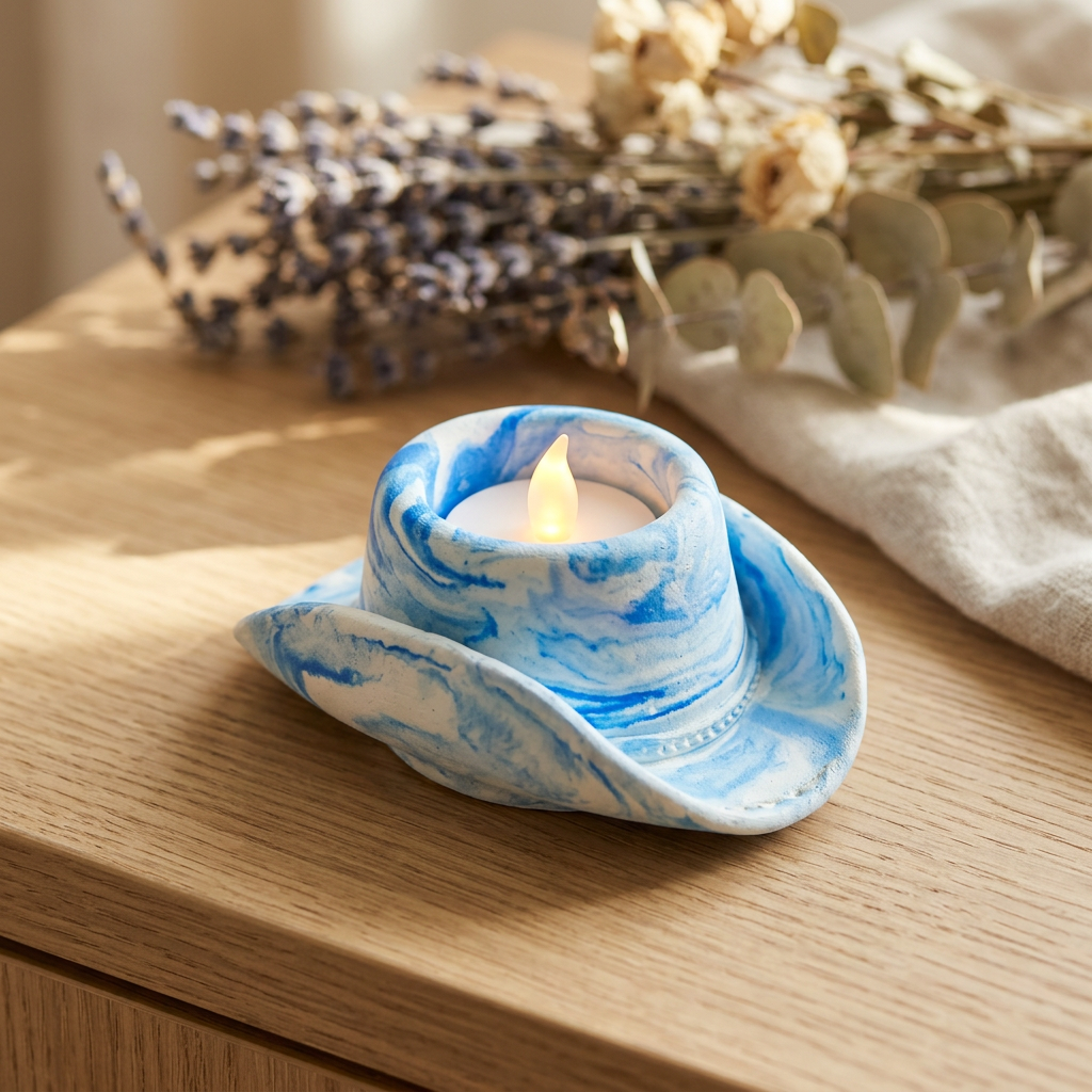 Blue and white hat with a glowing tealight