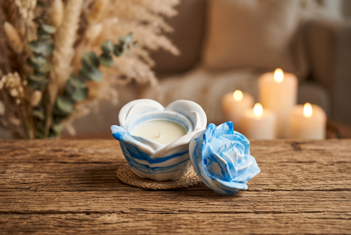 Blue marble rose-shaped scented candle