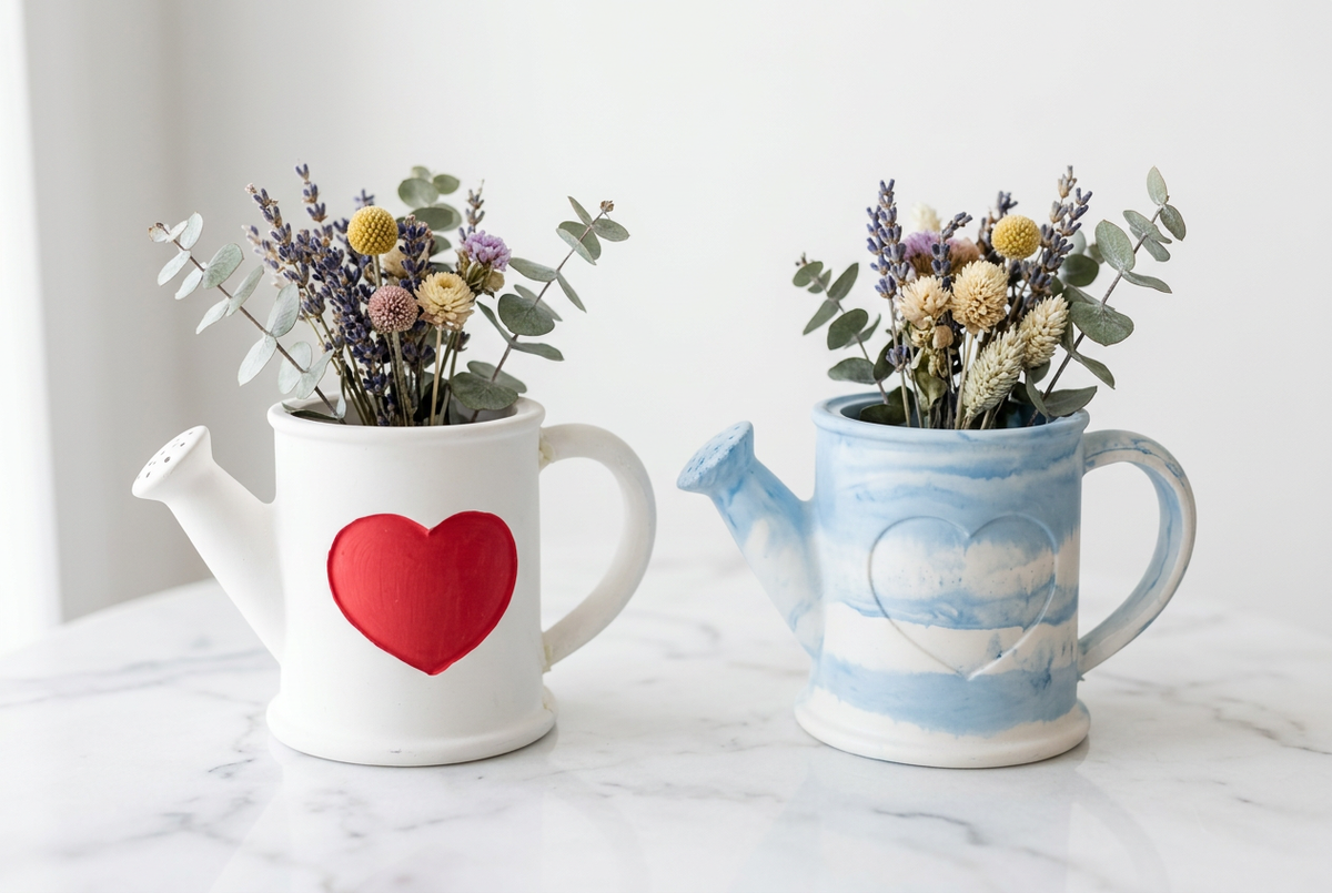 Blue Marble & White Heart Watering Can Duo