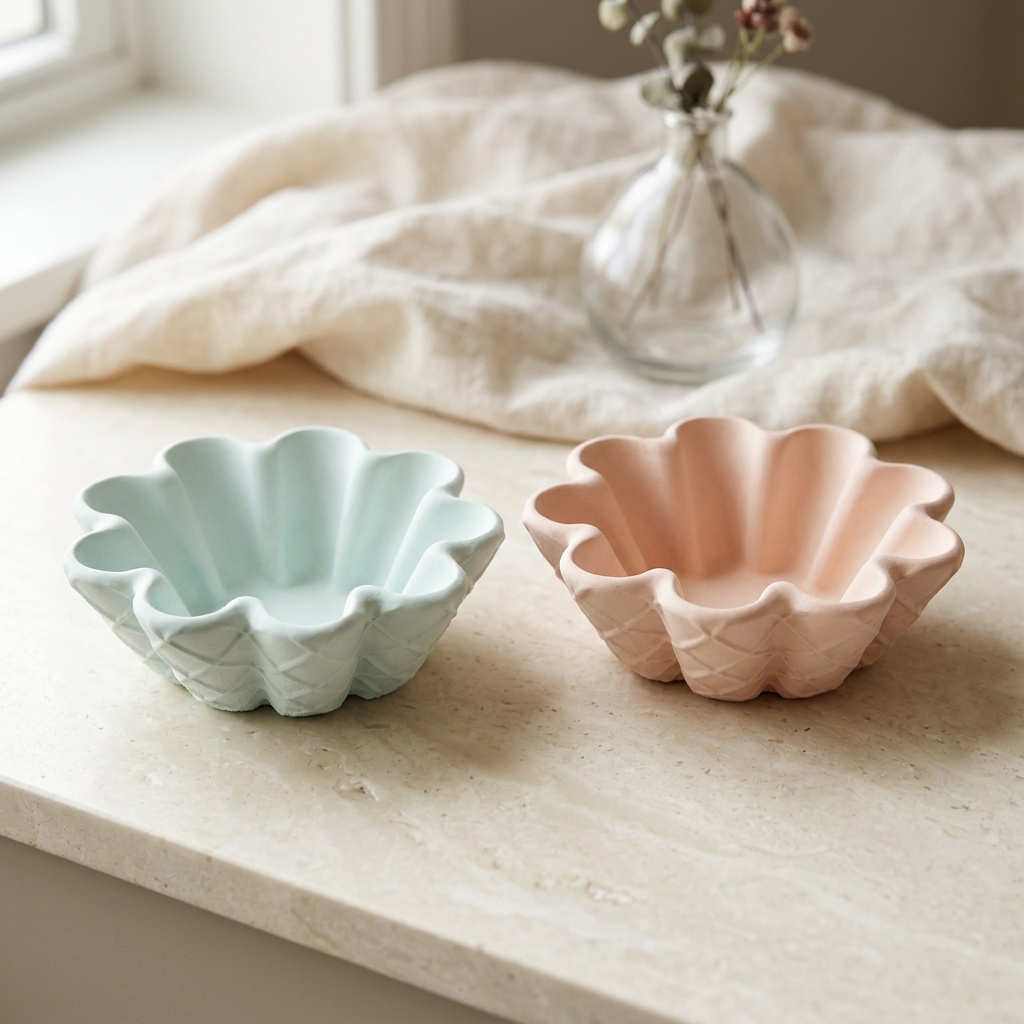 Both pastel scalloped bowls styled together