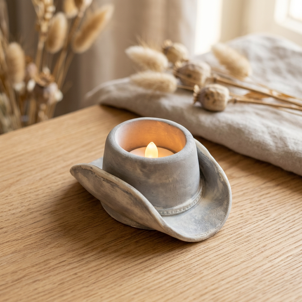 Gray and cream hat with a glowing tealight