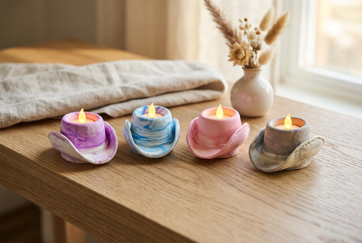 Hat tealight holders styled on a rustic console