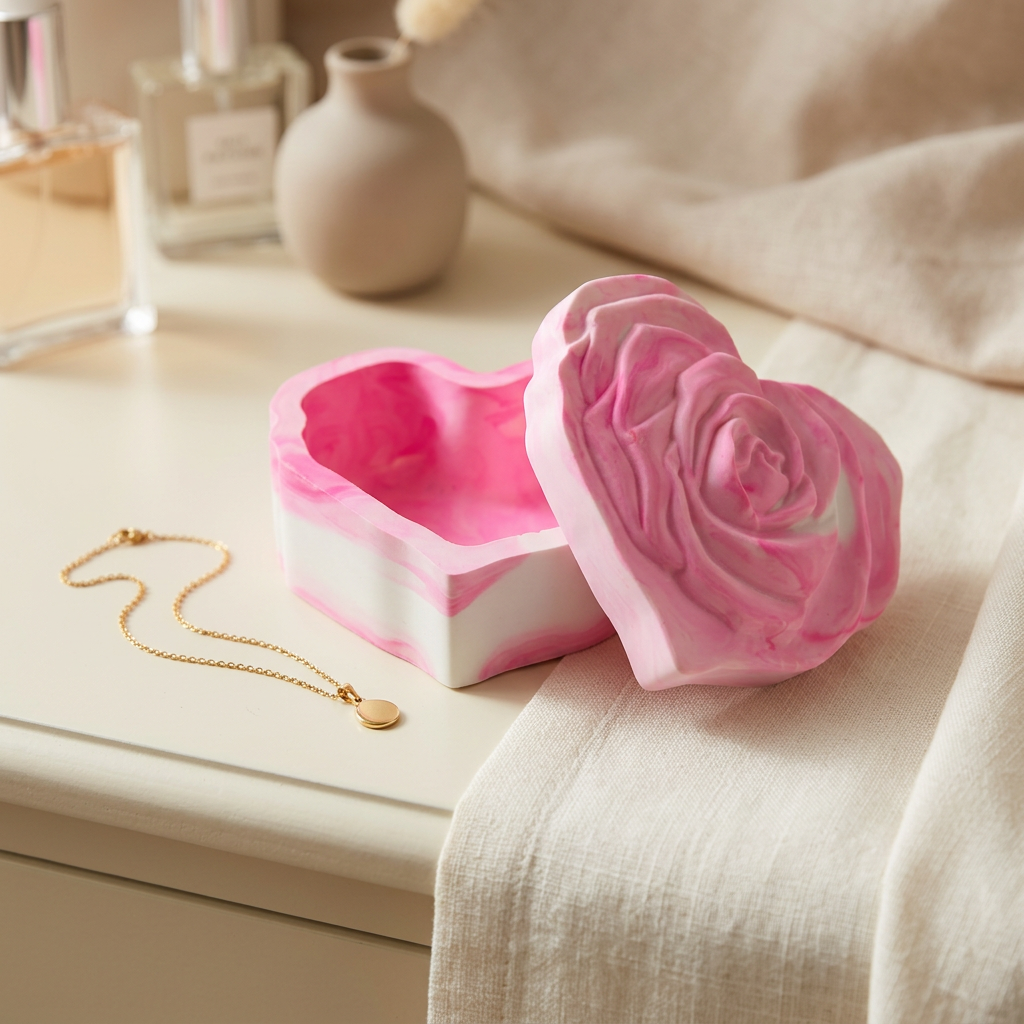 Open rose-heart trinket box with delicate vanity styling