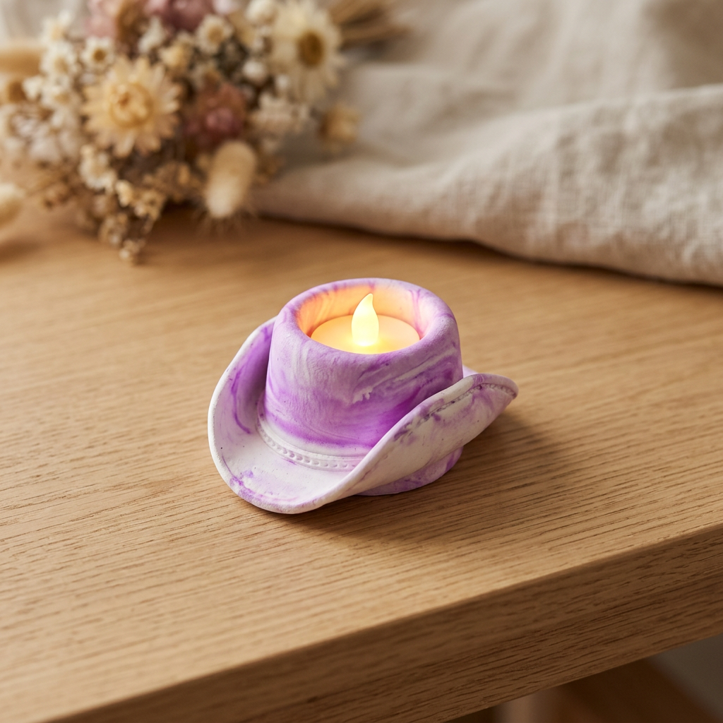 Purple and white hat with a glowing tealight
