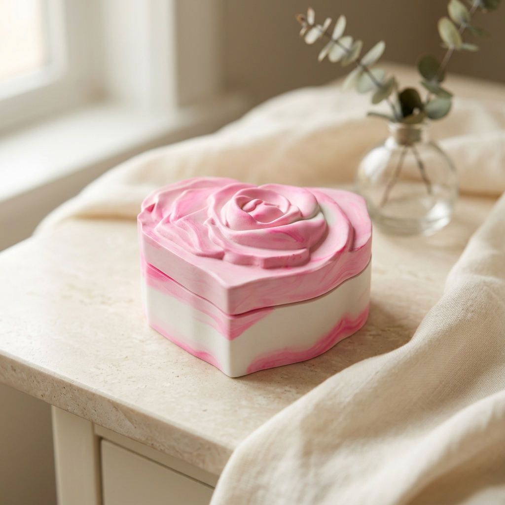 Rose-heart box styled on an ivory vanity