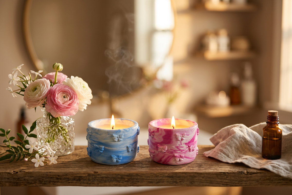 Marbled tealight candle styled on a vanity self-care scene