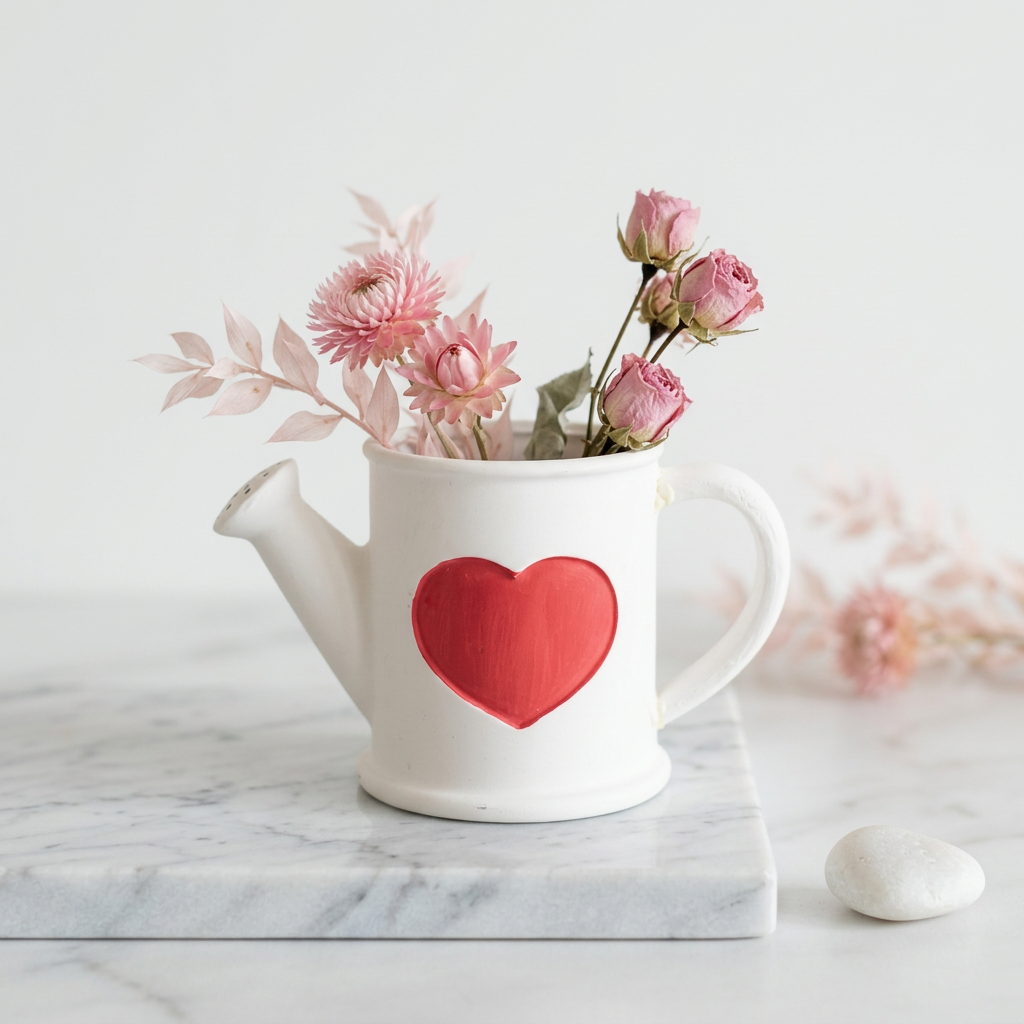 White Watering Can Red Heart